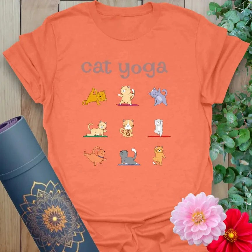 Heather orange t-shirt with playful yoga cat designs and joyful message