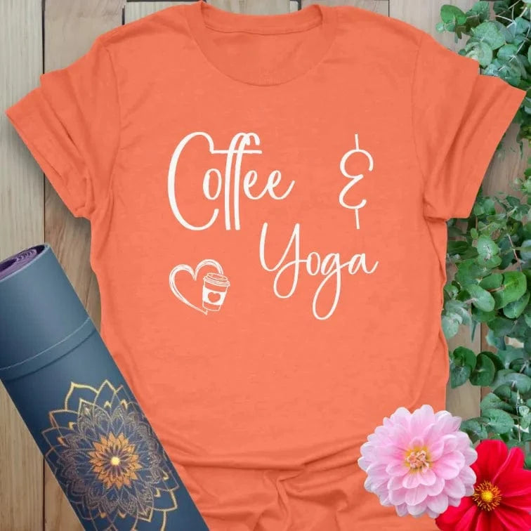 Heather orange yoga t-shirt with playful coffee and yoga affirmation graphic