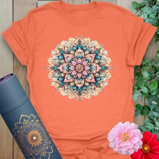 Heather orange yoga tee with bright, colorful mandala for inspired living