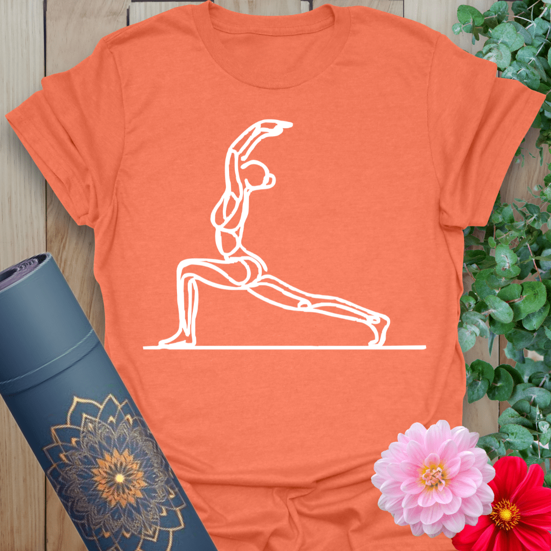 Heather orange yoga t-shirt with dynamic crescent lunge illustration for soulful living