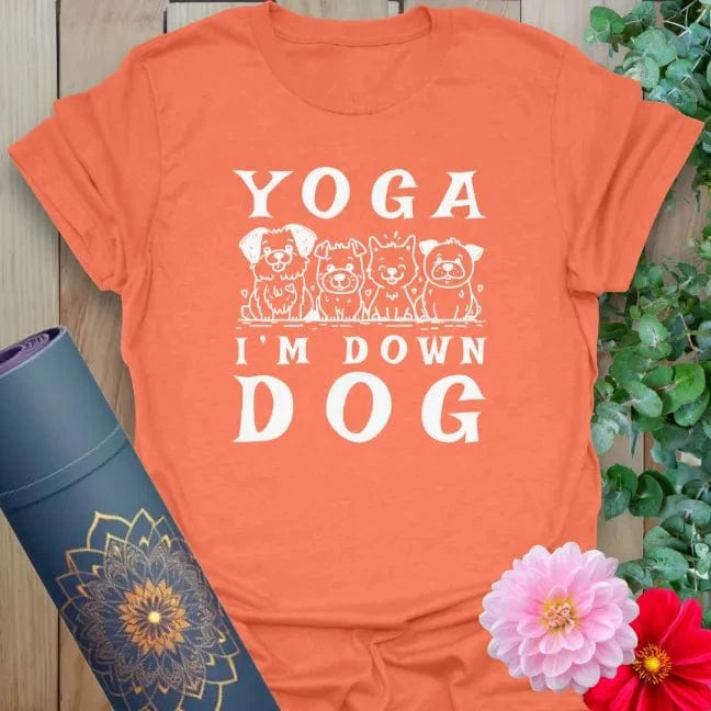 Heather orange t-shirt featuring yoga dogs and fun-loving yoga humor