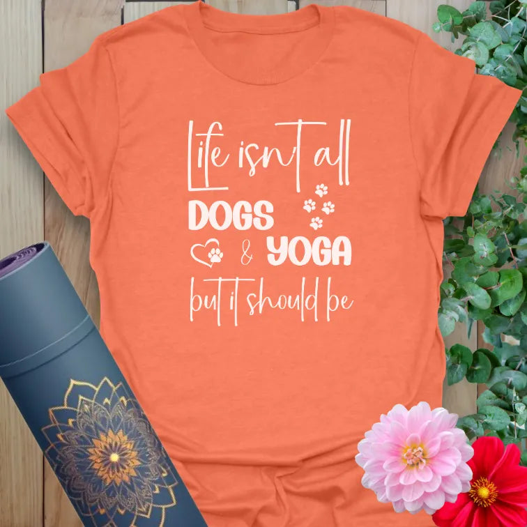 Heather orange t-shirt with paw prints and "dogs and yoga" mantra for mindful living