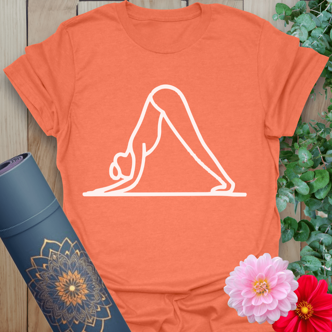 Heather orange yoga shirt with stylish downward dog pose for everyday zen