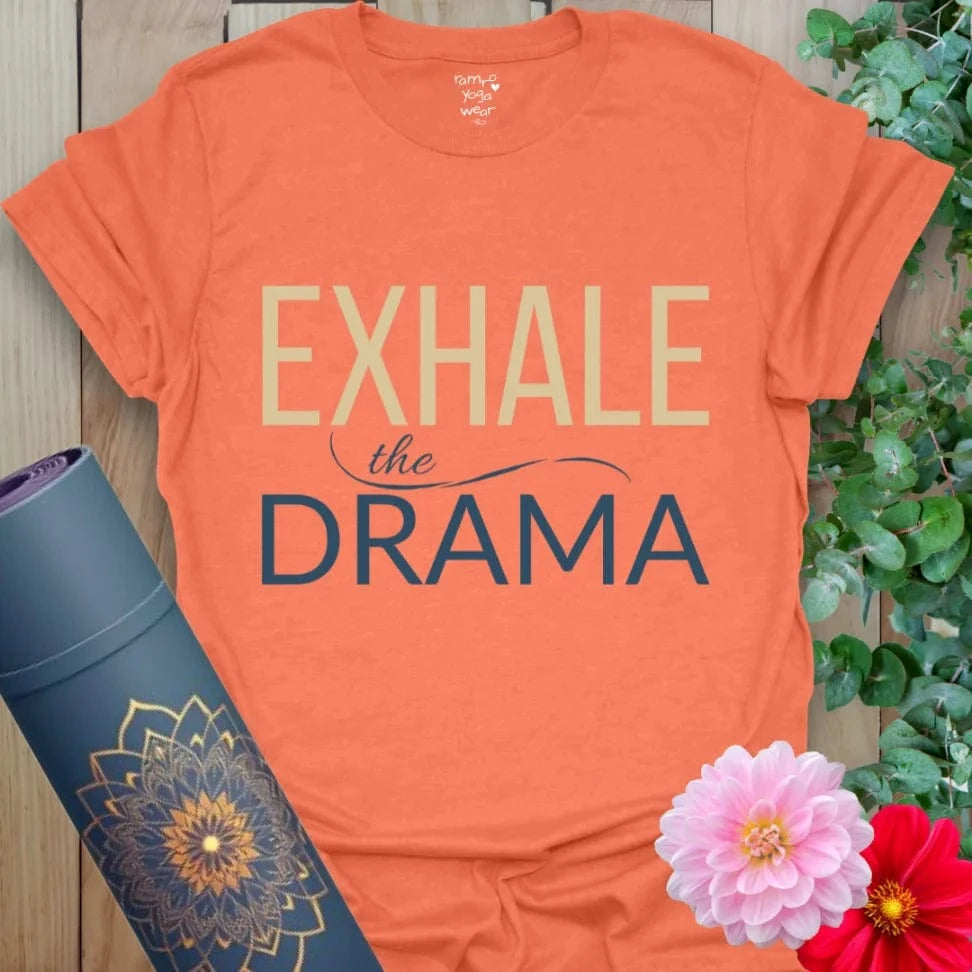 Heather Orange Drama T-Shirt with stacked text and flowing line detail. A calming yet bold yoga shirt for everyday ease.