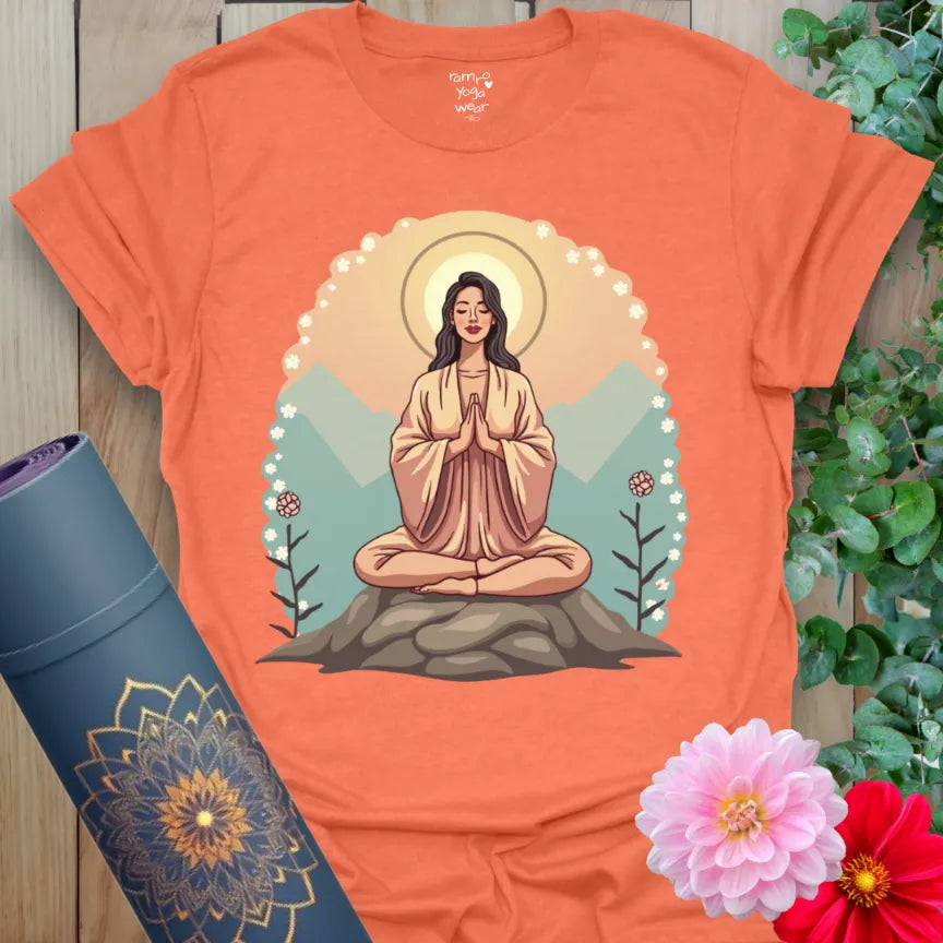 Vibrant orange yoga t-shirt showcasing meditation figure surrounded by flowers and sunrise for soulful mindfulness.