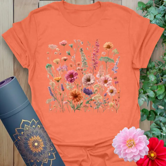 Vibrant orange yoga t-shirt showcasing colorful blooming wildflowers and gerbera illustration for nature-connected mindfulness.