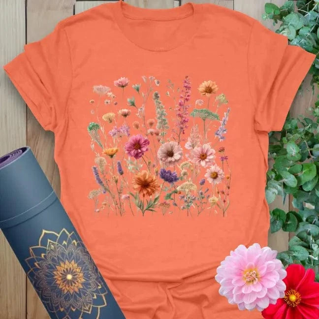 Vibrant orange yoga t-shirt showcasing colorful blooming wildflowers and gerbera illustration for nature-connected mindfulness.