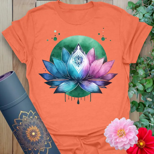 Vibrant orange yoga t-shirt showcasing colorful lotus flower and glowing background for spiritual awakening and conscious movement.