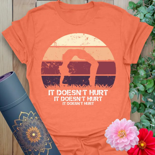 Vibrant orange yoga t-shirt showcasing playful yoga humor design inspiring conscious movement and heart-led laughter.