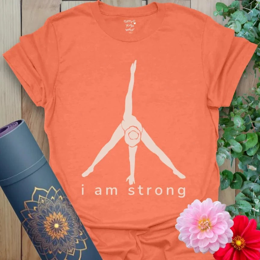 Heather Orange I Am Strong T-Shirt featuring bold yoga pose and text “I Am Strong.” Motivational affirmation shirt.
