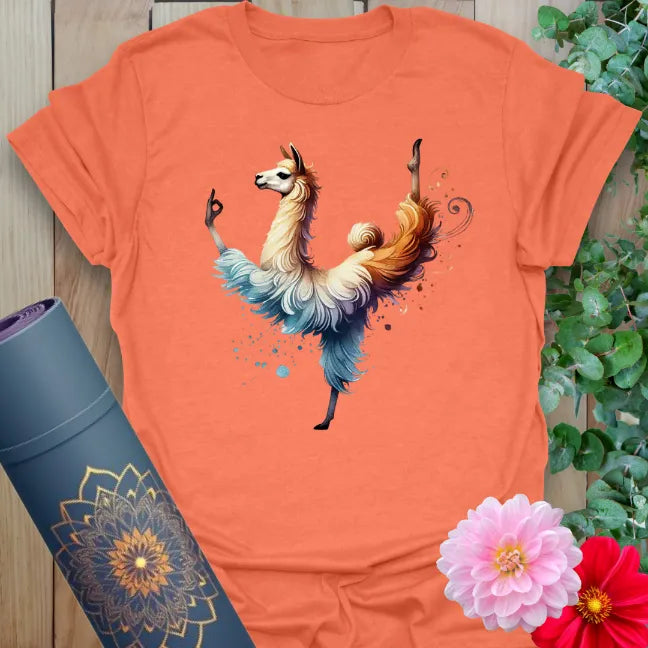 Vibrant orange yoga t-shirt showcasing humorous yoga llama artwork perfect for light-hearted conscious movement.