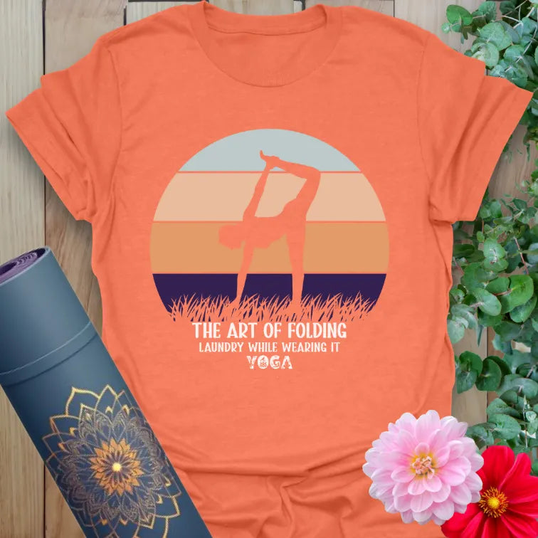 Vibrant orange yoga t-shirt showcasing retro sunset and humorous yoga message for soulful, mindful movers.