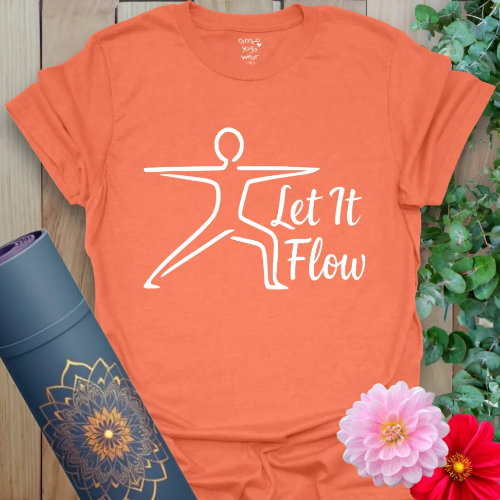 Vibrant orange yoga t-shirt showcasing clean warrior silhouette and empowering flow message for soulful movement.