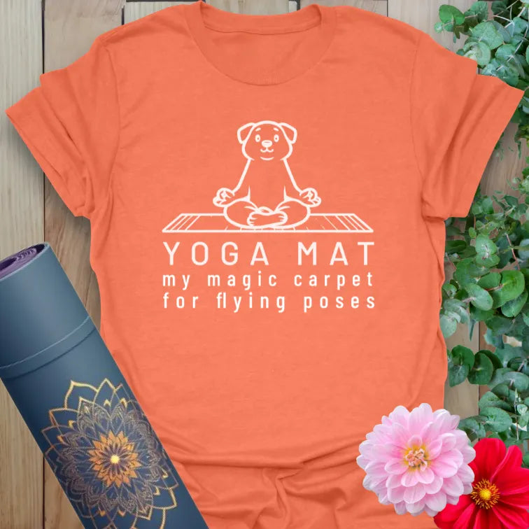 Vibrant orange yoga t-shirt showcasing funny meditating dog and yoga mat design inspiring playful movement and soulful laughter.