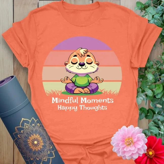 Vibrant orange yoga t-shirt showcasing playful mindfulness animal artwork inspiring positivity, presence, and soulful happiness.