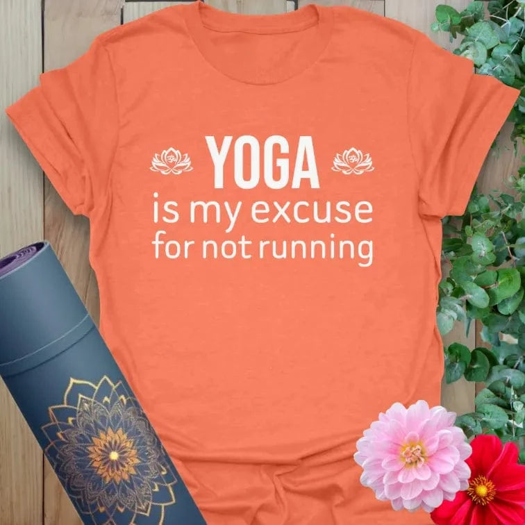 Vibrant orange yoga t-shirt showcasing funny yoga quote perfect for soulful, conscious humor and light-hearted movement.