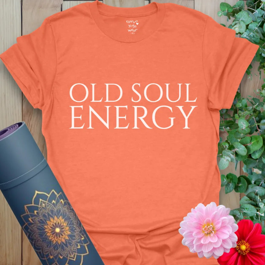 Bright orange cotton tee with minimalist old soul affirmation, perfect for bold energy and timeless style.
