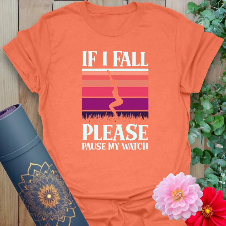 Vibrant orange yoga t-shirt showcasing humorous yoga and fitness quote inspiring light-hearted movement and self-compassion.