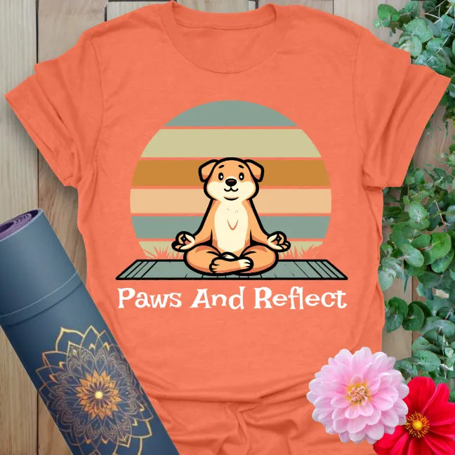 Vibrant orange yoga t-shirt showcasing serene pup on yoga mat with warm sunset for soulful, joyful mindfulness.