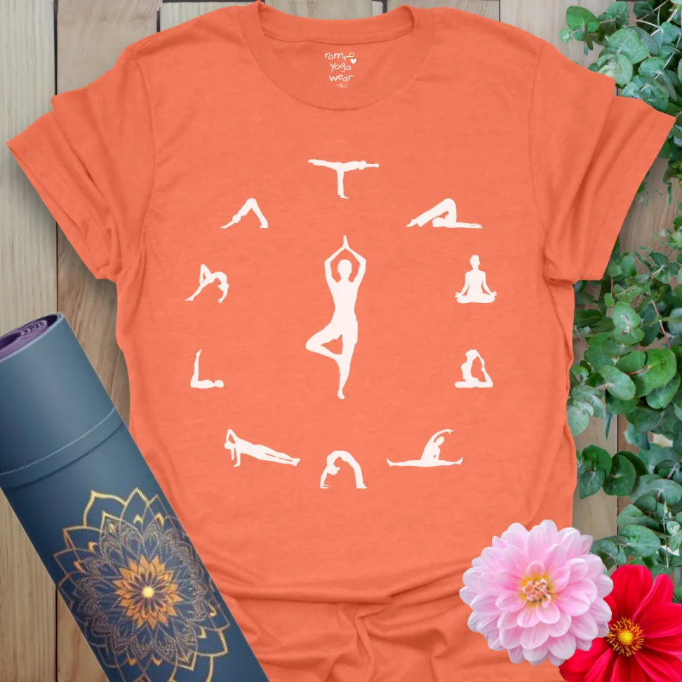 Vibrant orange yoga t-shirt showcasing graceful yoga flow artwork inspiring soulful practice and conscious living.