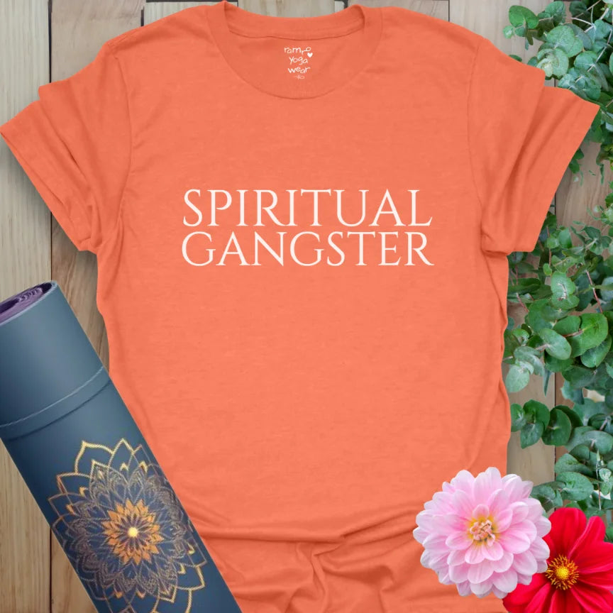 Bright orange tee with clean “Spiritual Gangster” design for conscious rebels and yoga streetwear lovers.