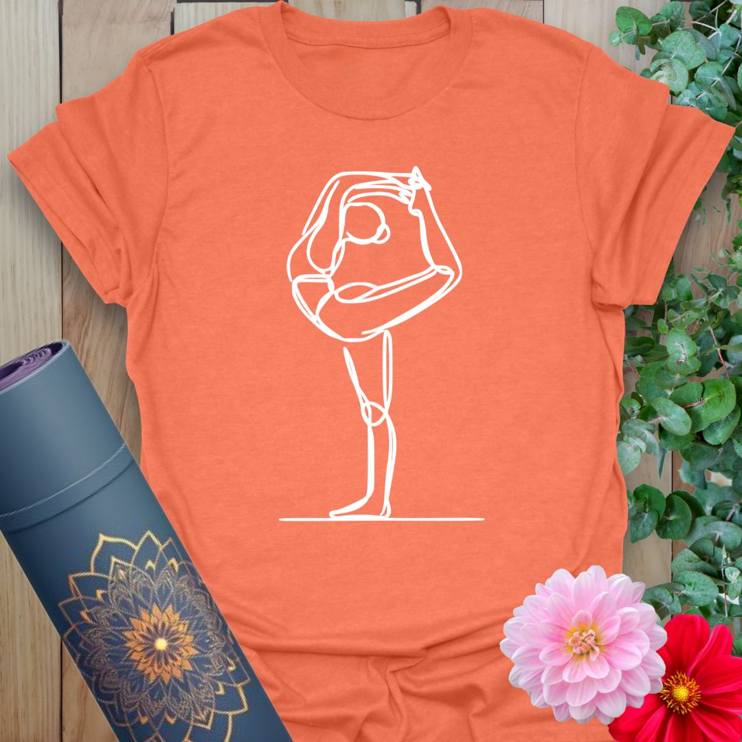 Vibrant orange t-shirt with elegant line drawing of yogi in Standing Bow Pose, perfect for yoga lovers and active souls.