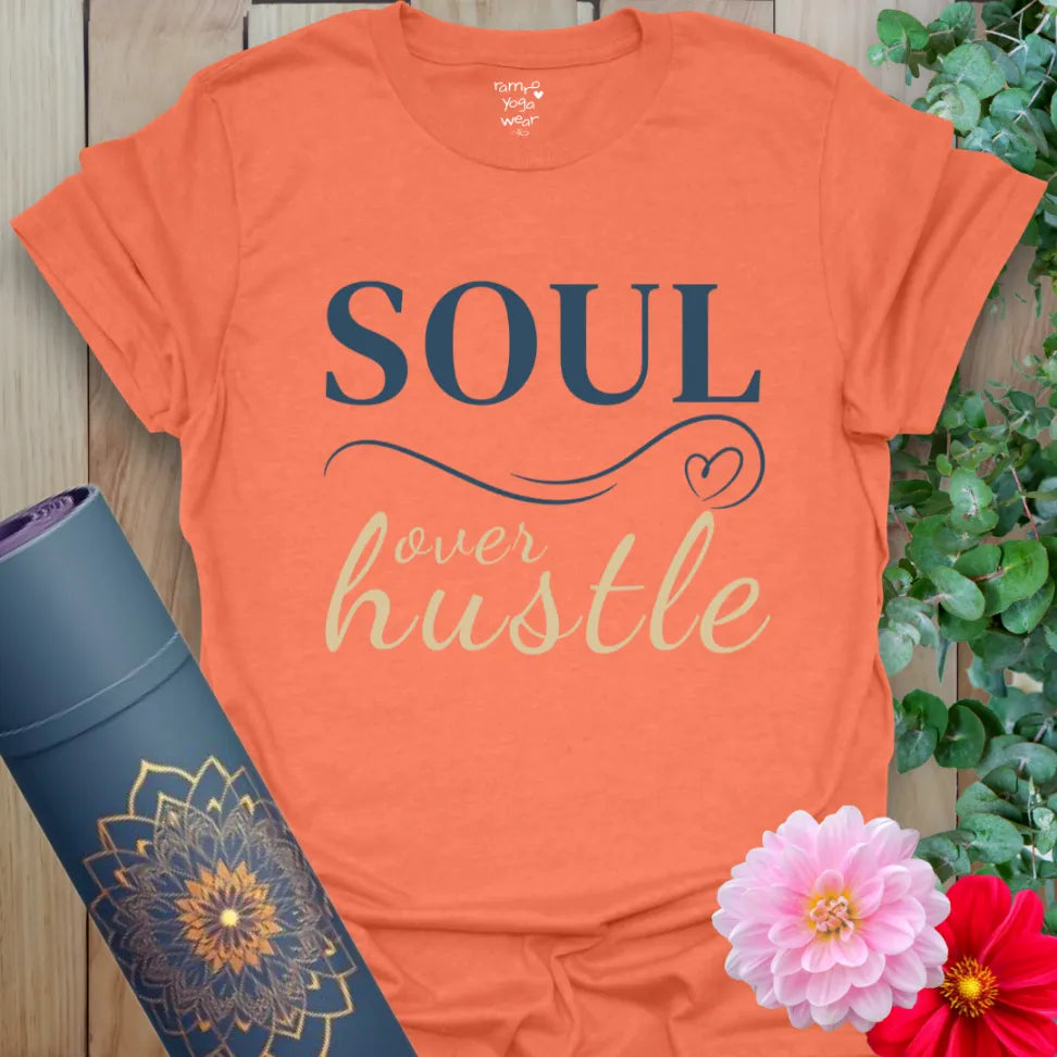 Heather Orange Still Soul T-Shirt with warm affirmation and soft cotton comfort. A bold yoga tee with relaxed strength.