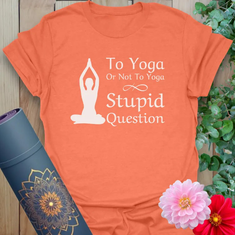 Vibrant orange t-shirt with cheeky yoga pun and silhouette graphic, perfect for mindful movement with humor.