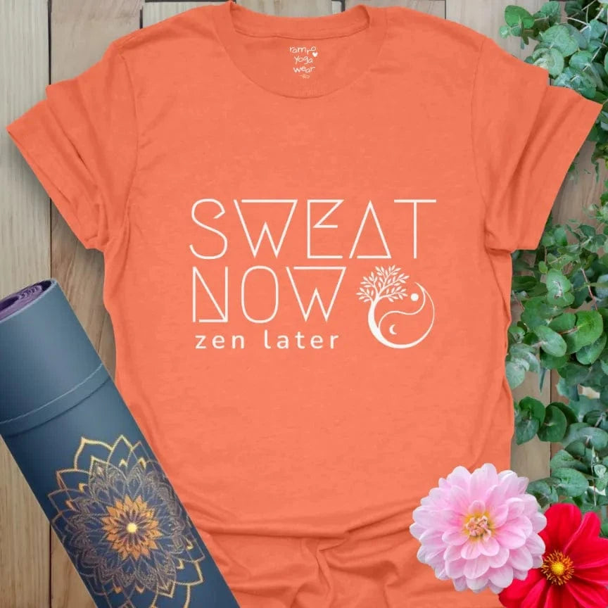 Heather Orange Sweat Now T-Shirt featuring empowering text “Sweat Now, Zen Later” with mandala symbol. Vibrant yoga gift for active souls.
