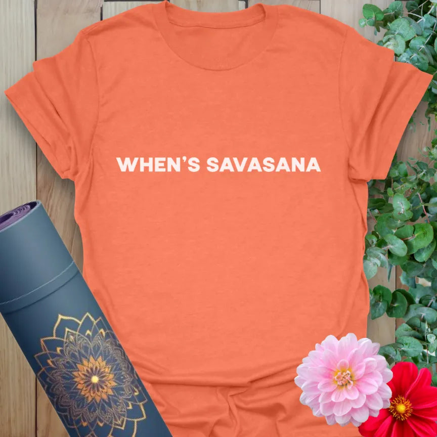 Vibrant orange t-shirt with bold yoga humor quote for conscious comfort and light-hearted movement.
