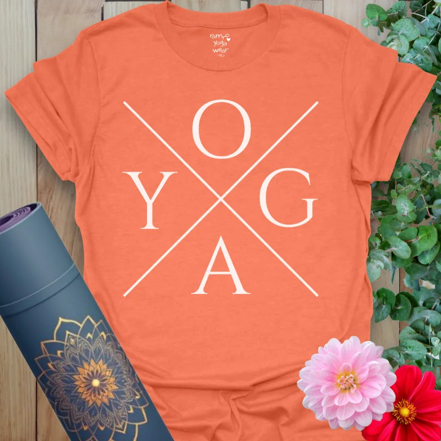 Bright orange cotton t-shirt with witty yoga slogan, perfect for mindful movement and confident vibes.
