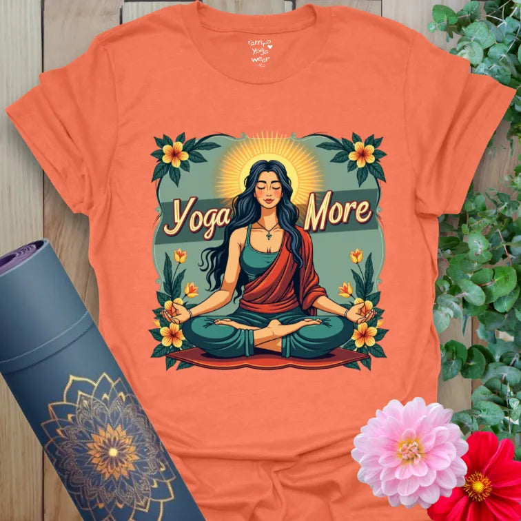 Vibrant orange t-shirt with peaceful goddess design and motivational “Yoga More” message for conscious living.