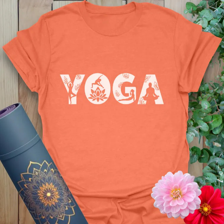 Vibrant orange t-shirt with silhouette-filled block lettering spelling “YOGA” for powerful, artistic expression.