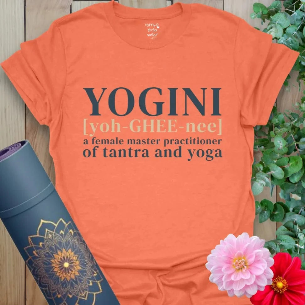 Heather Orange Yogini T-Shirt showing the word and meaning in stylish print. Perfect yoga gift for her.