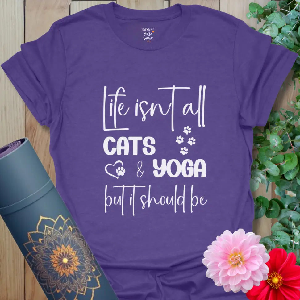 Heather Purple Cat Yoga T-Shirt with white paw prints and heart graphic. Cozy yoga tee for cat fans.