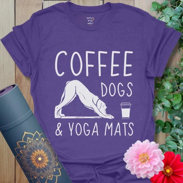 Heather Purple Coffee Dogs T-Shirt with playful text design. Perfect yoga gift for dog and coffee fans.