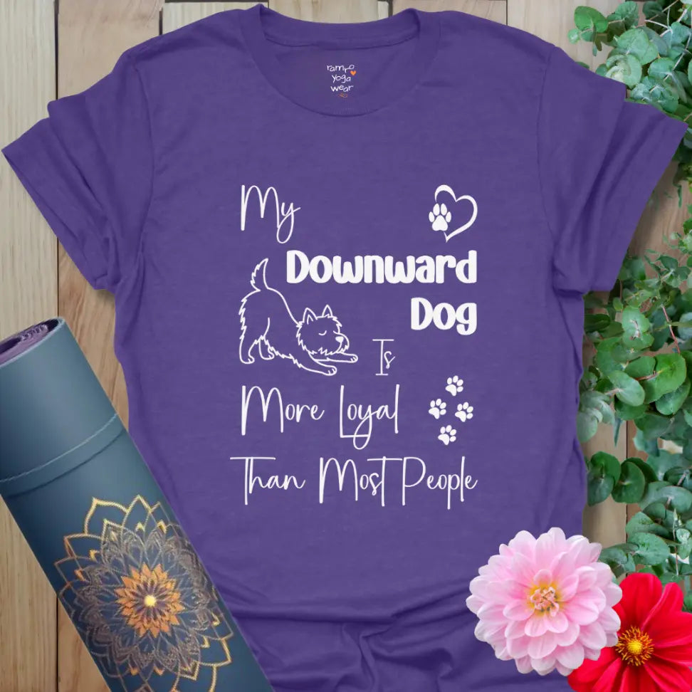 Heather Purple Dog Loyal T-Shirt with Westie dog illustration and playful yoga quote, “My Downward Dog Is More Loyal Than Most People.”