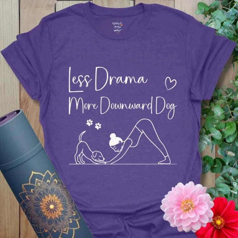 Heather Purple Dog Paws T-Shirt featuring woman and dog in yoga position. Relaxed everyday wear for yoga and pups.