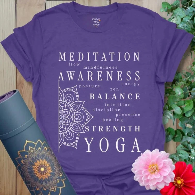 Heather Purple Essence T-Shirt with mandala art and balance theme. A calm and mindful everyday yoga shirt.