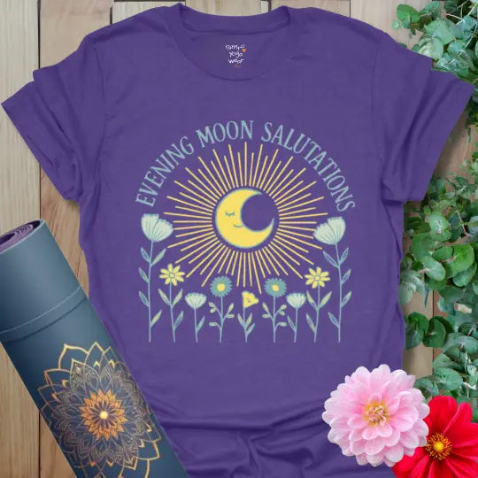 Heather Purple Evening Moon Salutations T-Shirt with glowing moon and bright wildflowers. Joyful yoga tee with radiant evening energy.