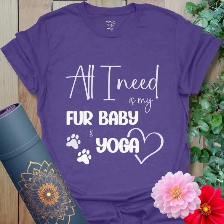Heather Purple Fur Baby T-Shirt with paw prints, heart, and yoga mantra. Soulful yoga gift for pet parents.