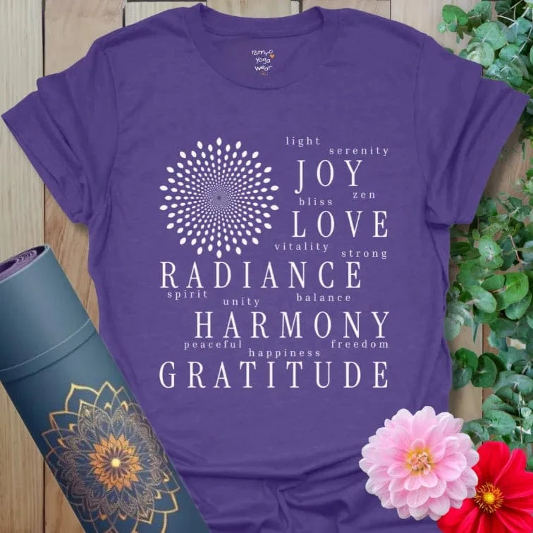Purple yoga shirt featuring affirmations of joy, love, radiance, and gratitude.