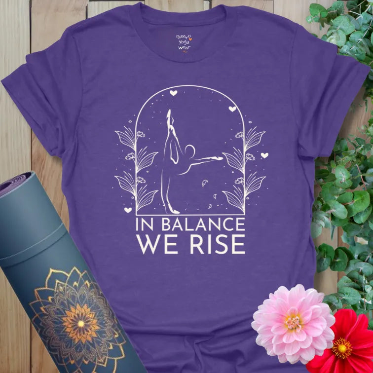 Heather Purple yoga T-shirt with graceful dancer’s pose design framed by florals and hearts. Inspiring tee for strength and poise.