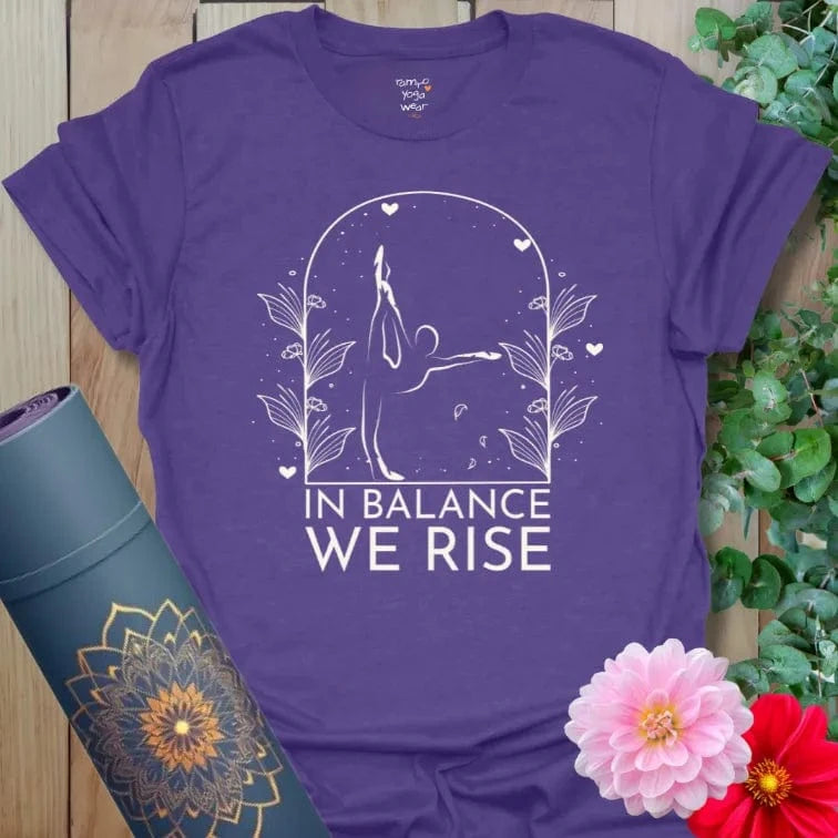 Heather Purple yoga T-shirt with graceful dancer’s pose design framed by florals and hearts. Inspiring tee for strength and poise.