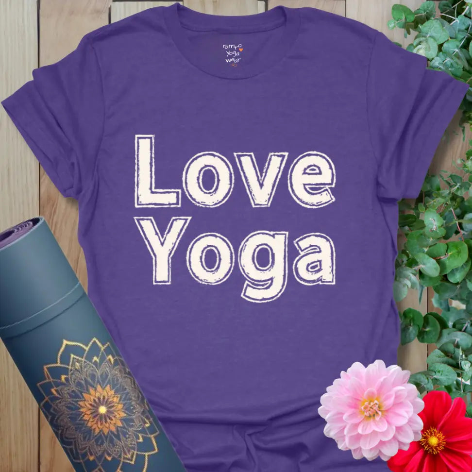 Heather Purple Love Yoga T-Shirt with bold text design, ideal for yoga practice or casual outfits.