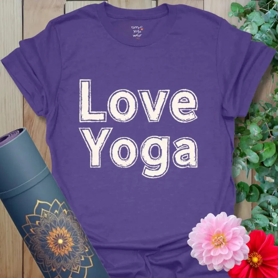 Heather Purple Love Yoga T-Shirt with bold text design, ideal for yoga practice or casual outfits.