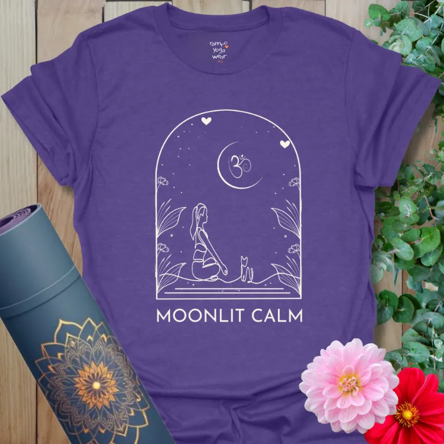Heather Purple Moonlit T-Shirt with celestial vibe — moon, Om, hearts and mindful companionship.