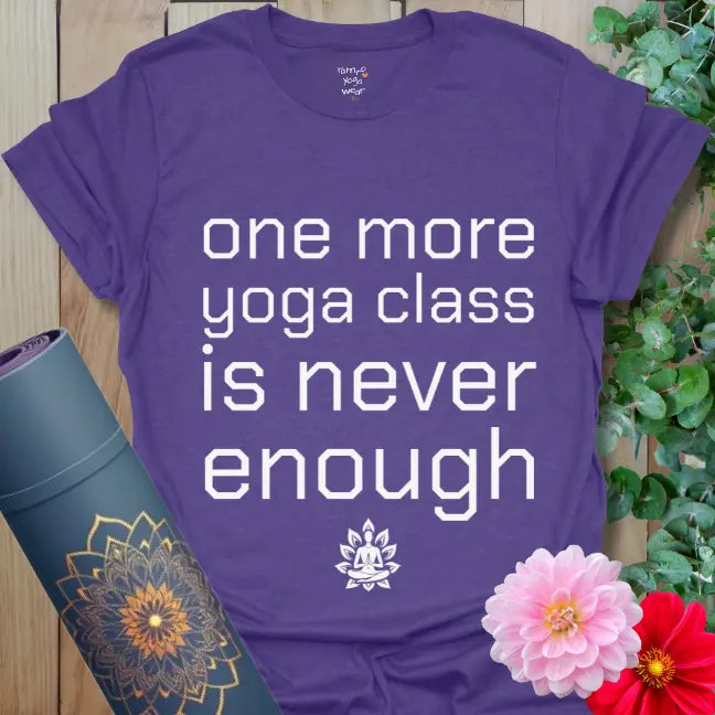 Heather Purple One More Class T-Shirt with simple yoga message and calm design.