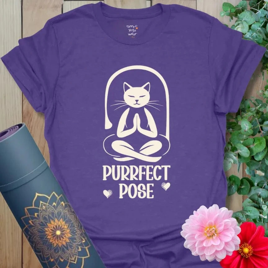 Heather Purple Purrfect Pose T-Shirt featuring a serene cat practicing Tree Pose. Fun yoga cat tee with mindful spirit.