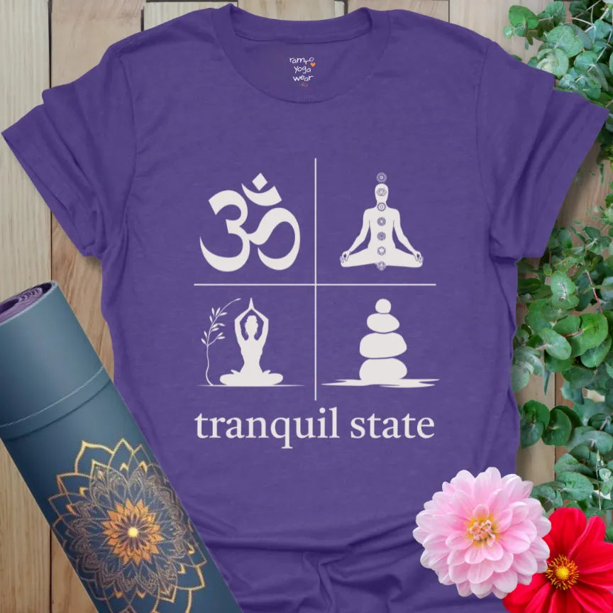 Heather Purple tee with Om symbol, seated chakras, meditating figure, and stacked stones. A yoga shirt for calm and clarity.